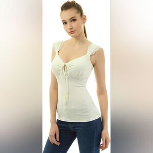 AmélieBoutik Women V Neck Lace Strap Cami Tank Sleeveless Top Blouse White XL